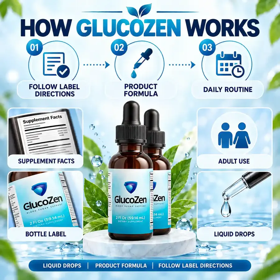 Brand graphic titled How GlucoZen Works with three steps: follow label directions, product formula, daily routine