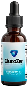 One amber GlucoZen dropper bottle with an aqua label