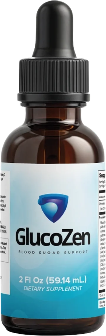 An amber dropper bottle of GlucoZen Blood Sugar Support, 2 fl oz liquid drops, with a blue shield logo
