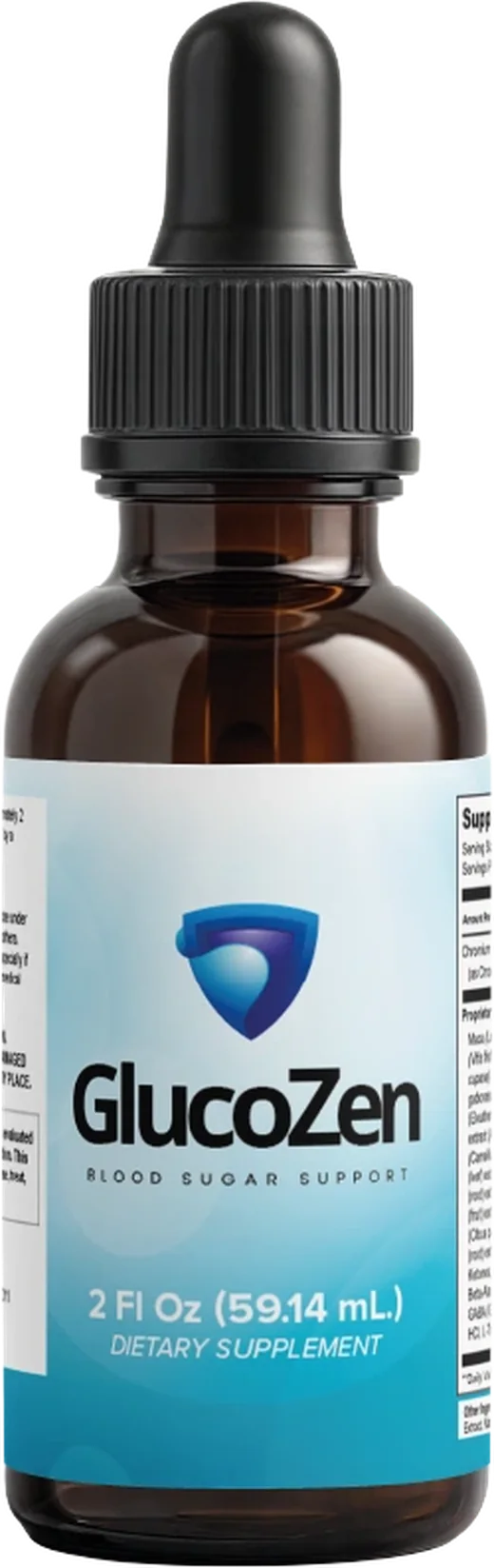 An amber dropper bottle of GlucoZen Blood Sugar Support, 2 fl oz liquid drops, with a blue shield logo
